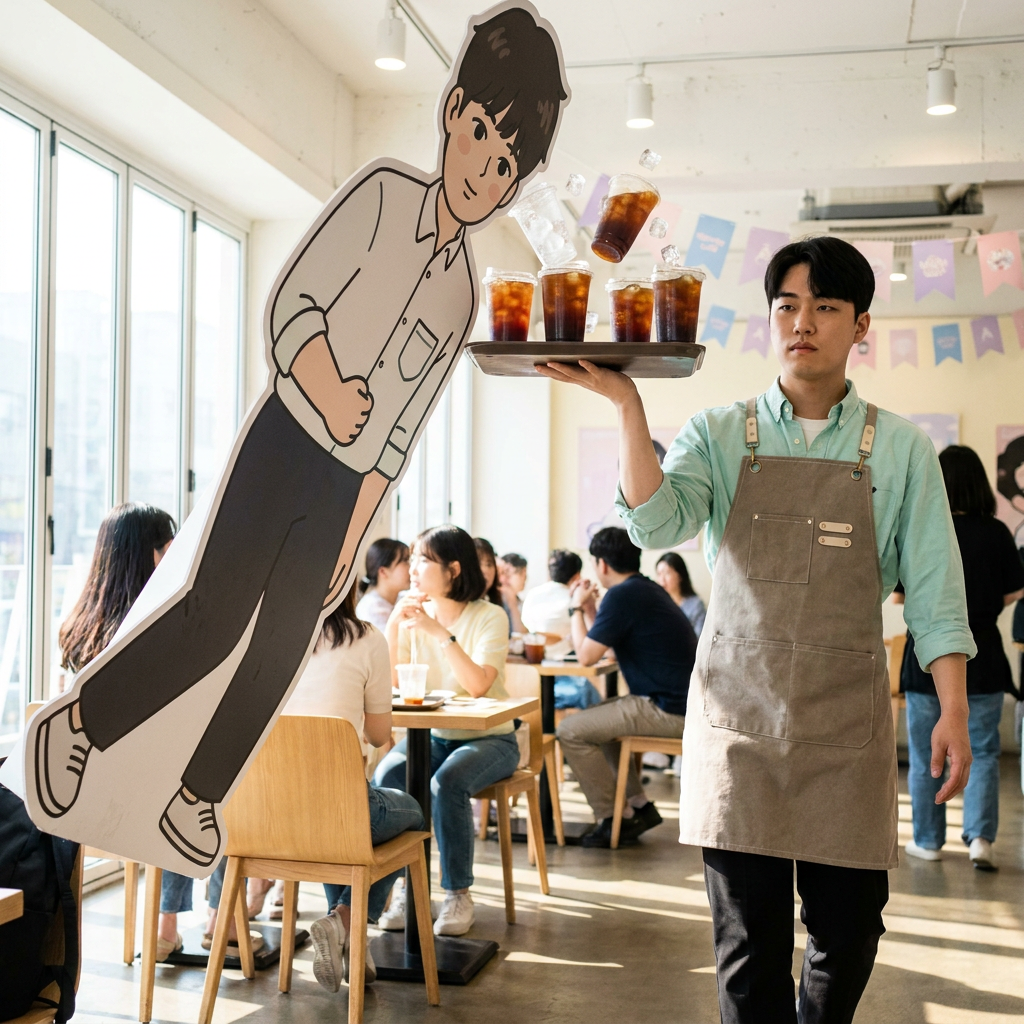Collab cafe opening day, the moment a giant cardboard standee tips over