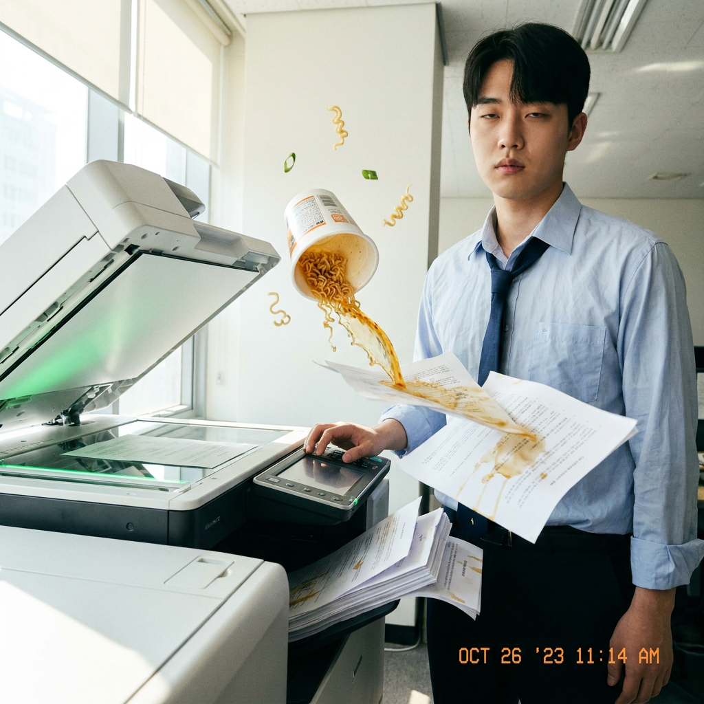 The instant a ramen soup packet bursts over the copier