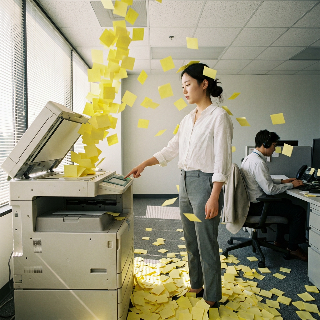 The instant the office copier bursts on payday