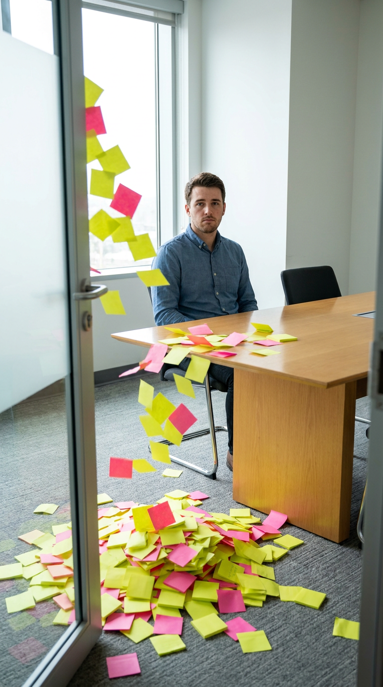 A post-it flood that keeps pushing into the meeting room