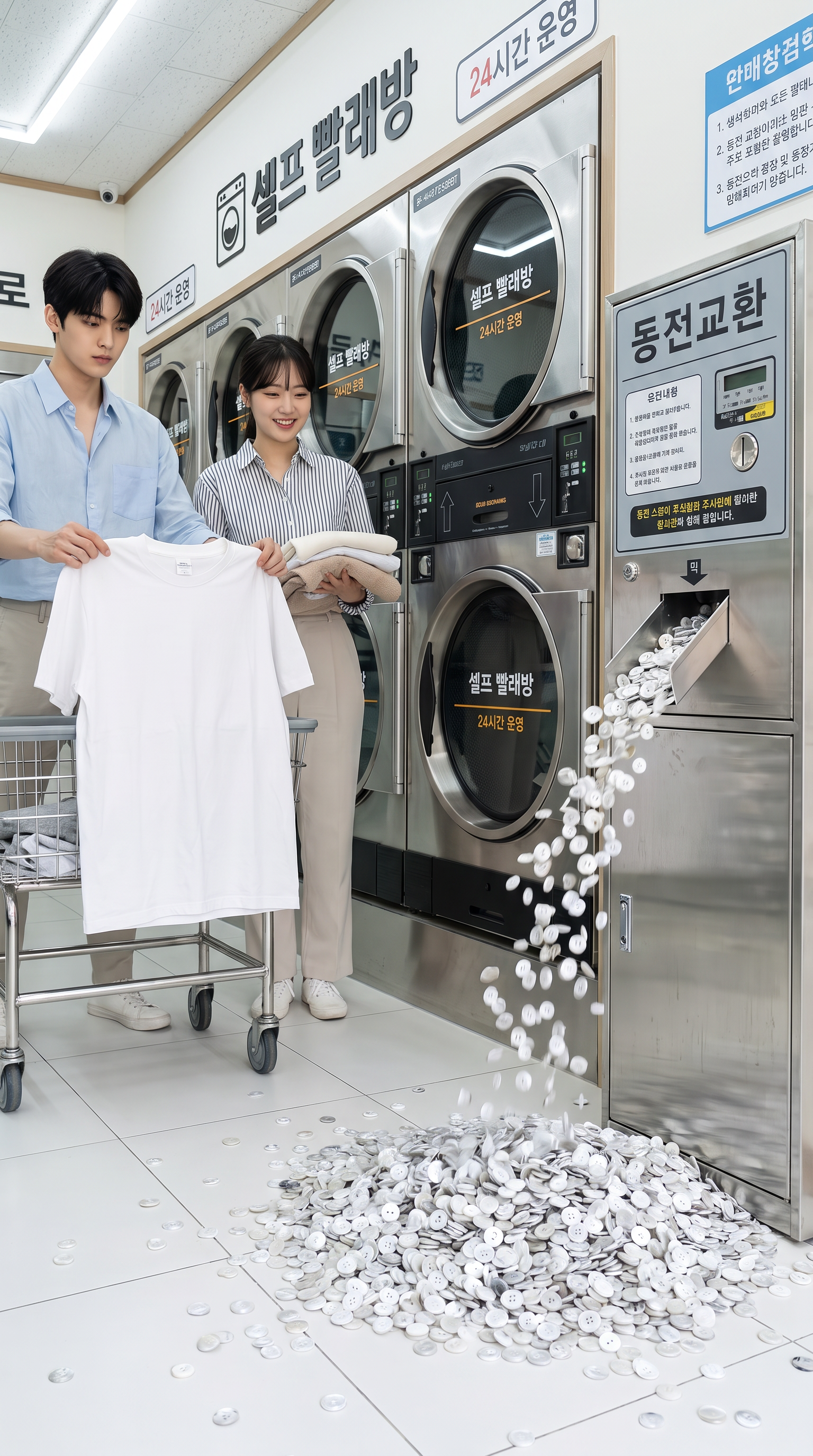 A coin exchange machine at a self-service laundry spitting out buttons