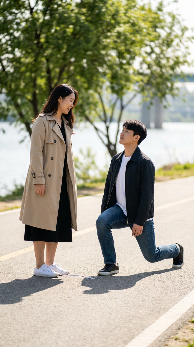 A boyfriend going down on one knee in front of his girlfriend at the park