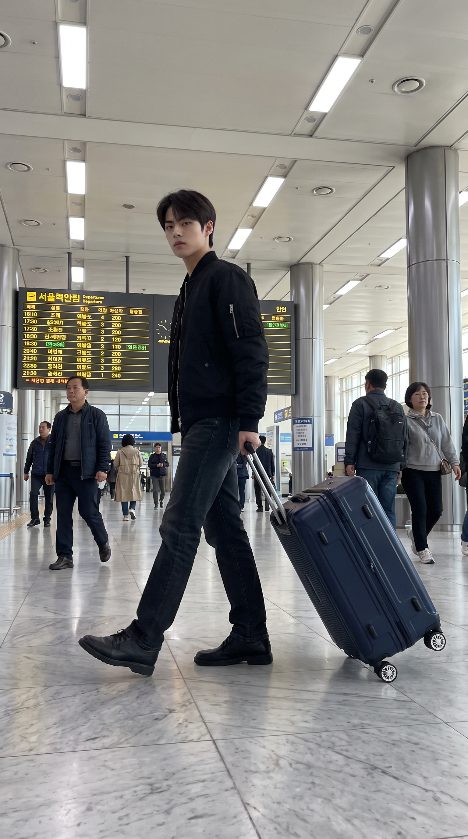 A man striding through Seoul Station's concourse pulling a suitcase