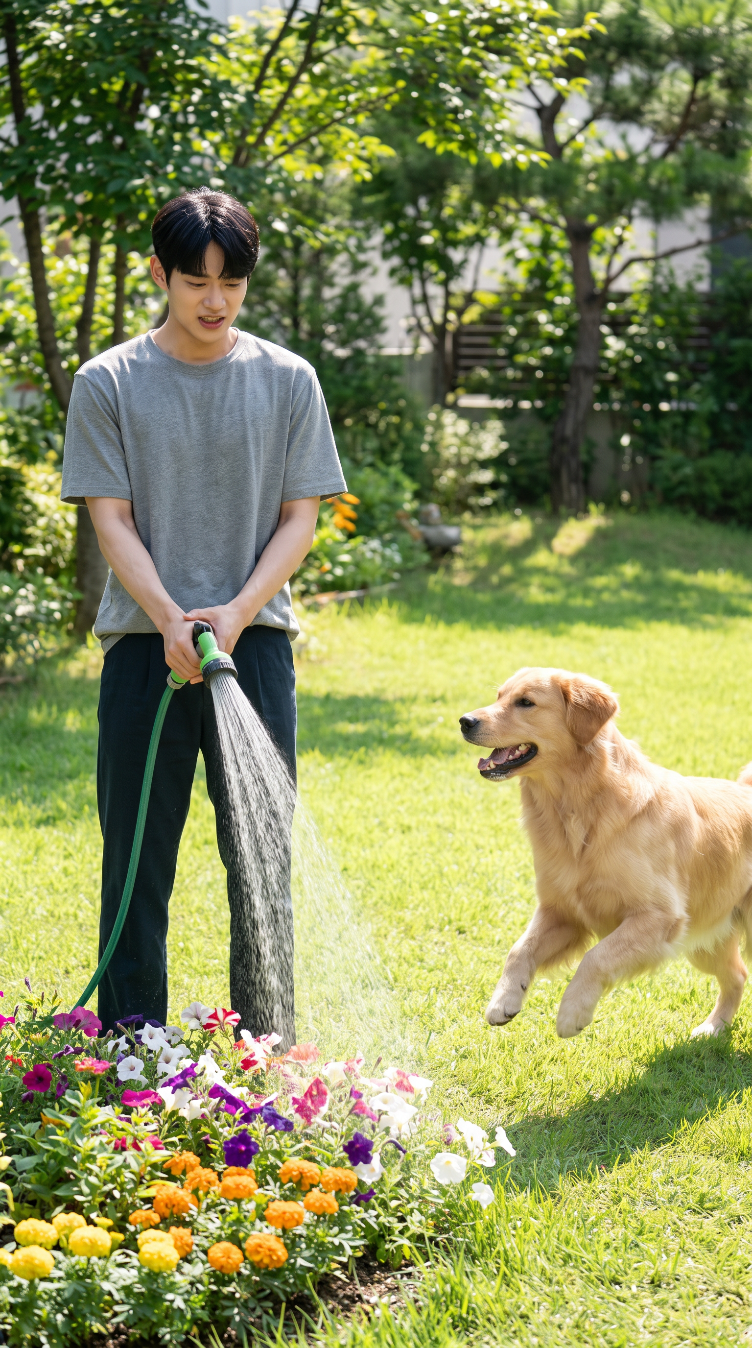 The second he waters the flowerbed, the big dog charges in