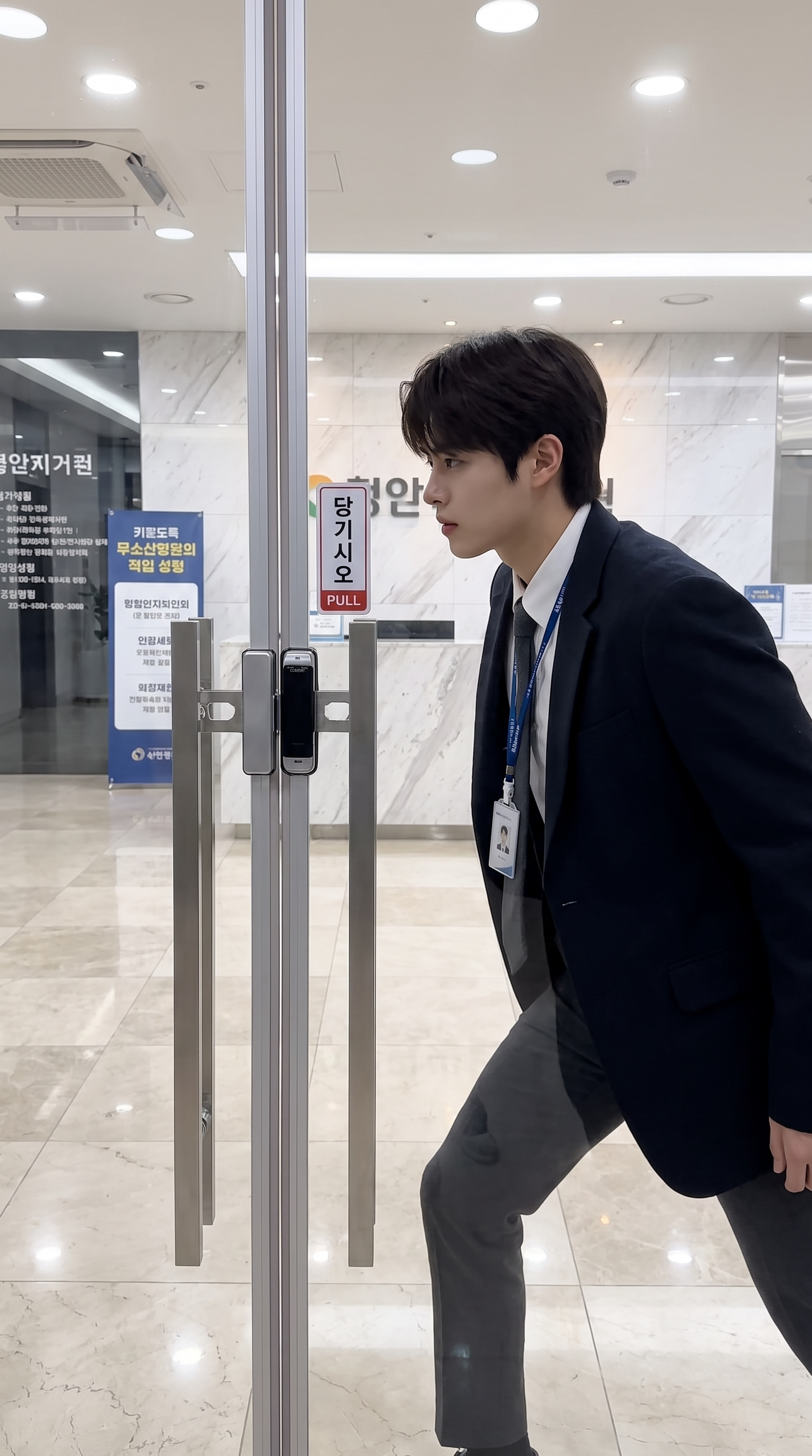 The 3 seconds he shoves the glass door with his shoulder