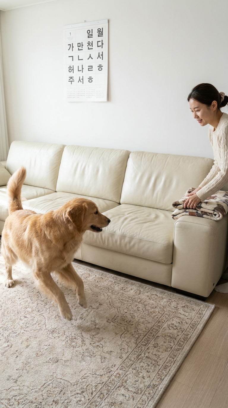 A big dog gliding across a leather sofa