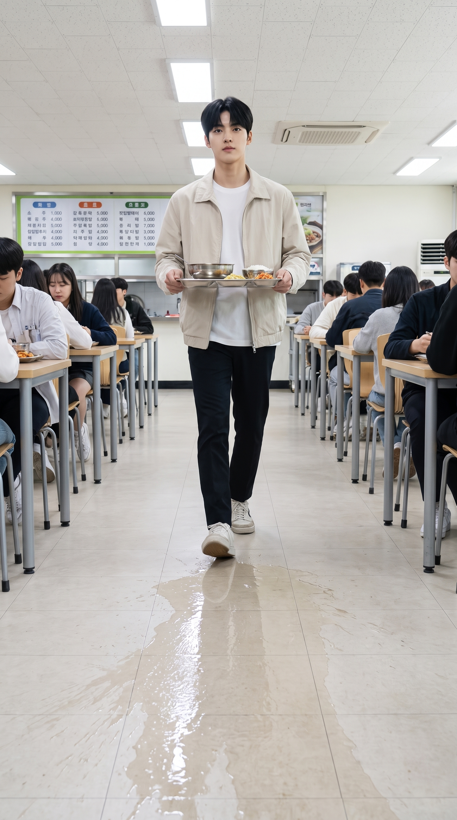 A guy carrying a tray of brimming soup toward a wet patch in the cafeteria