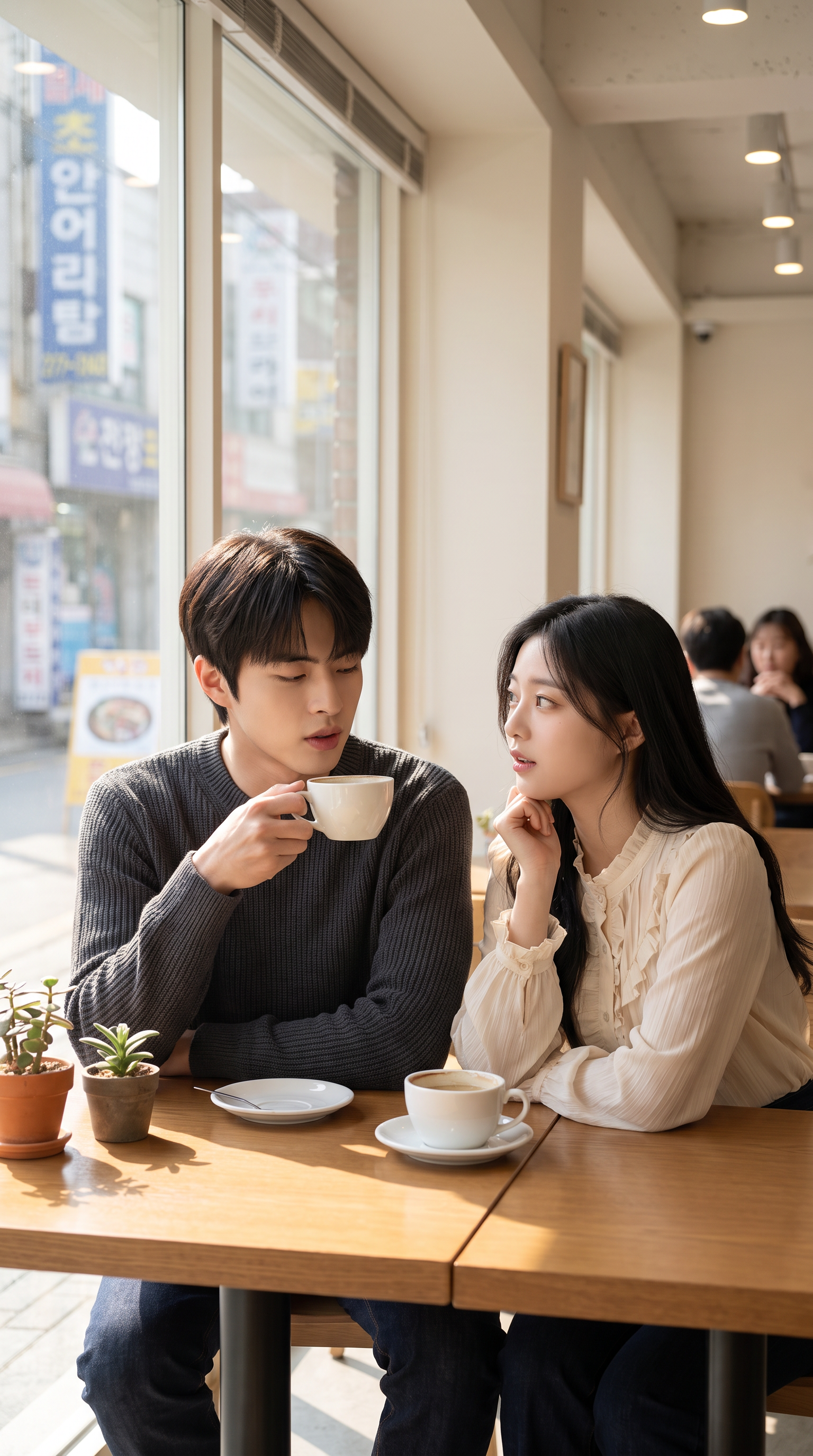 카페 테라스에서 원두 향을 계속 감별하는 중