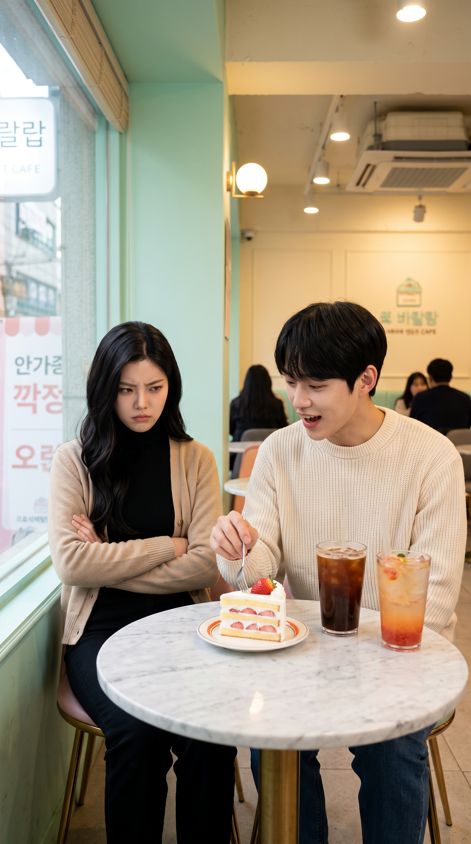케이크 한 조각을 반으로 나누는 중인 커플