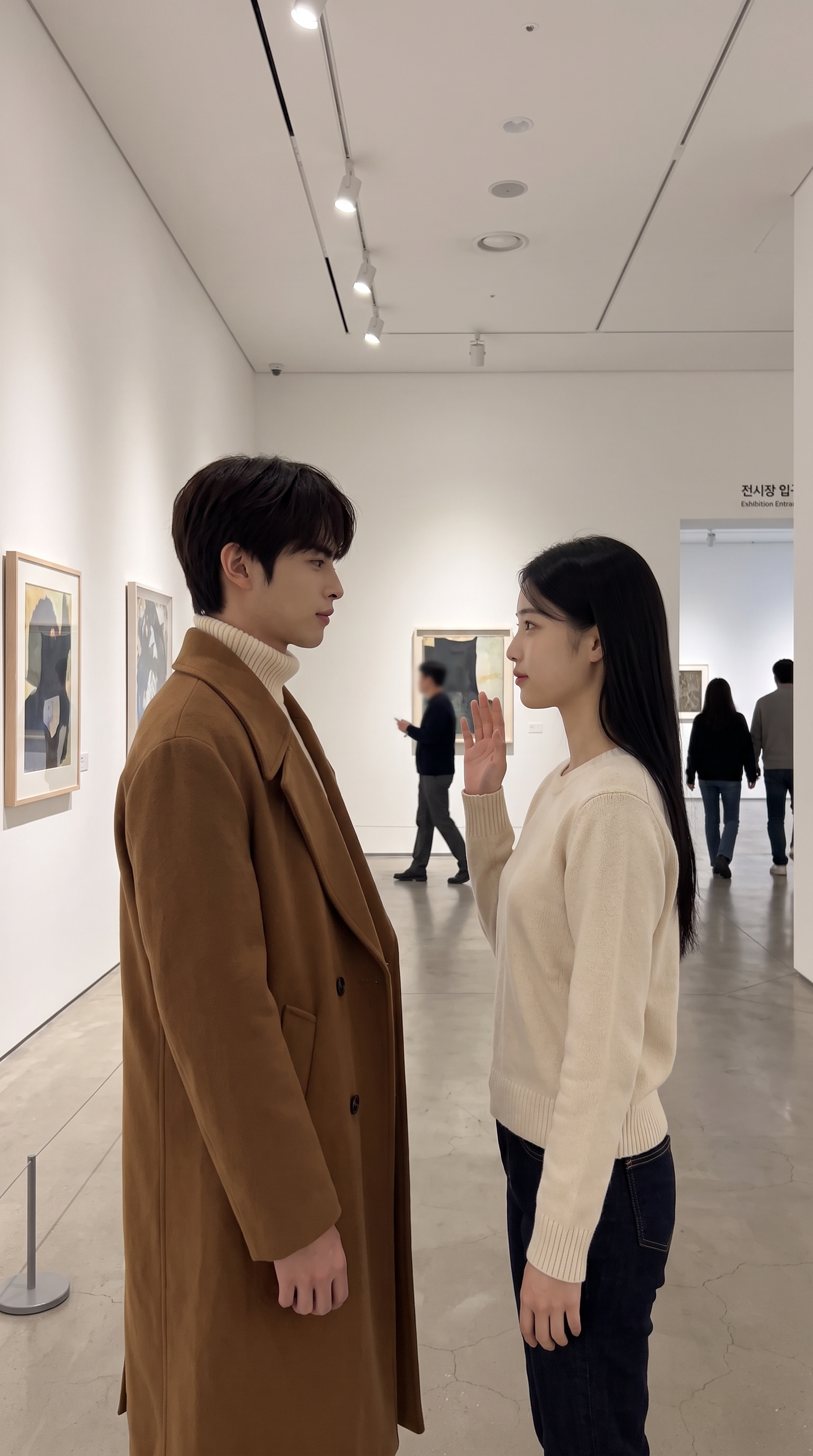 헤어지자며 제자리 지키고 있는 미술관 로비 커플