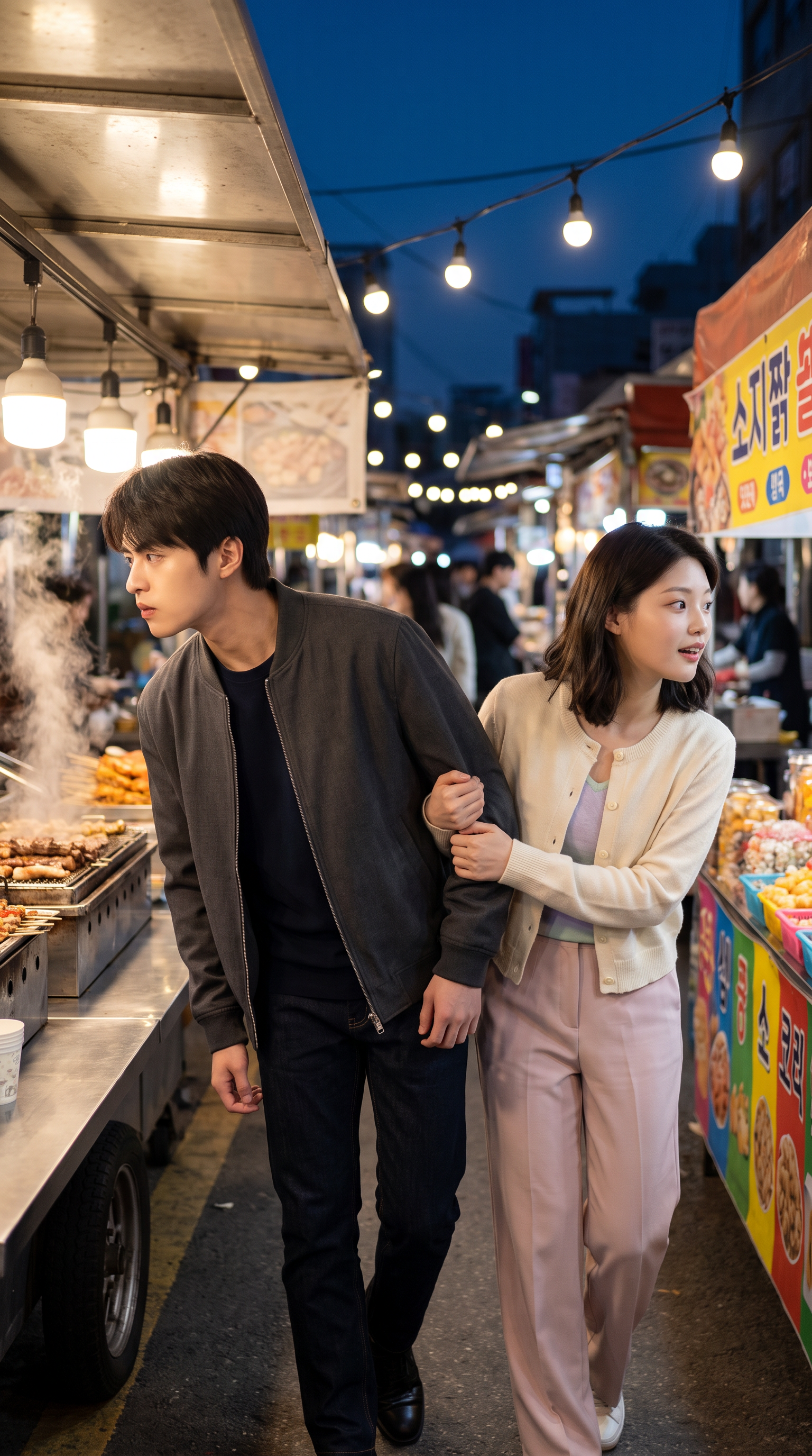 야시장에서 서로 다른 노점만 보고 있는 커플