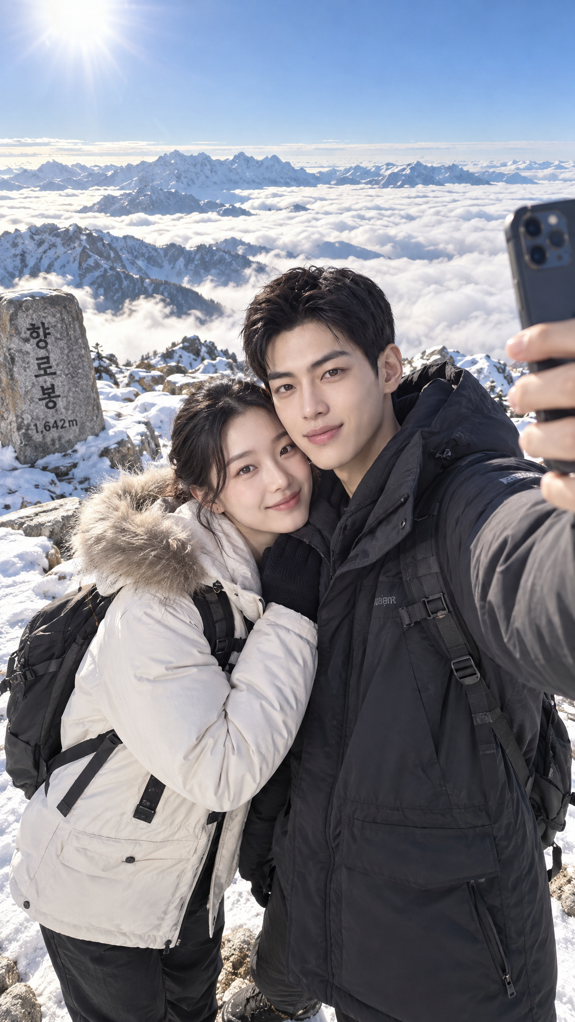 A couple adjusting their selfie angle on a snowy summit