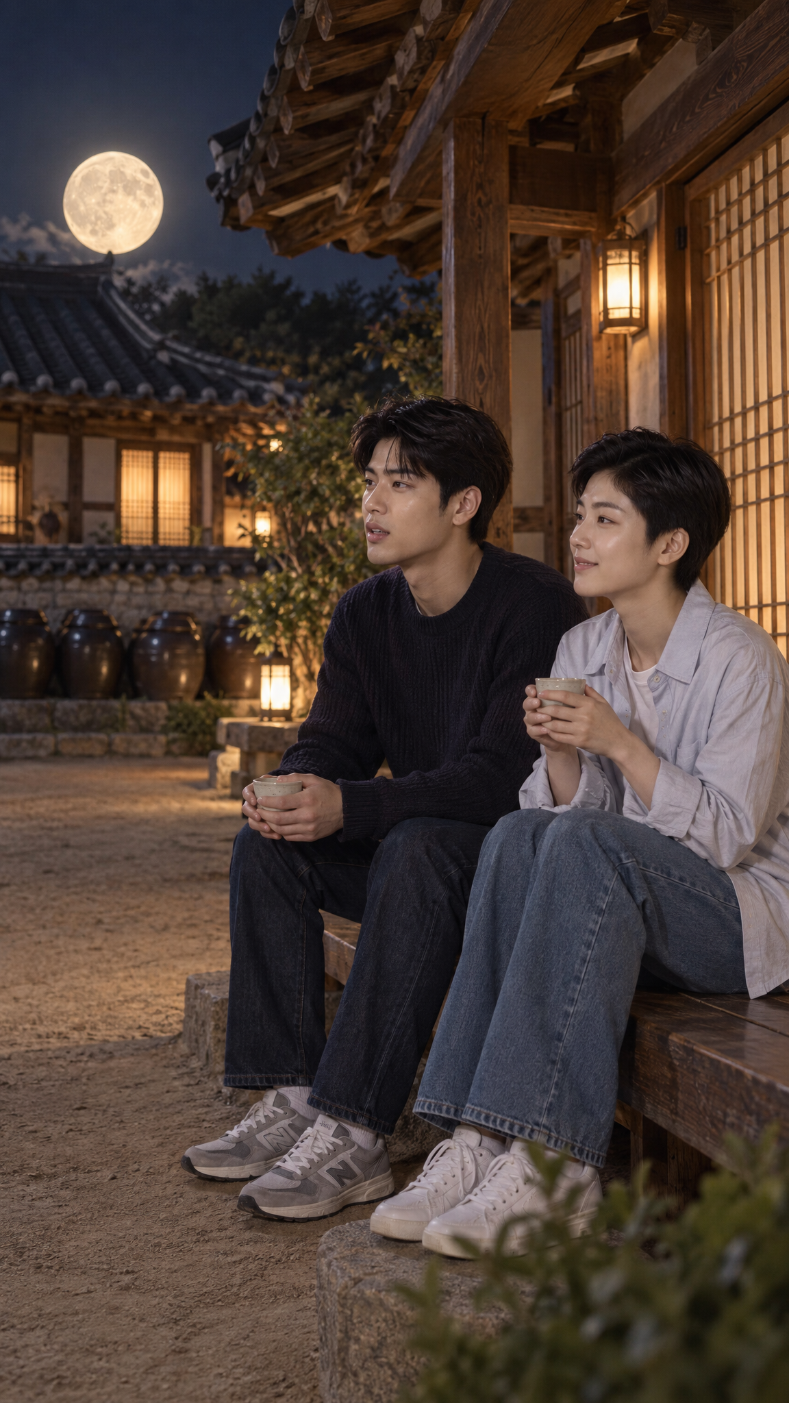 A giant wooden horse standing in a moonlit hanok yard