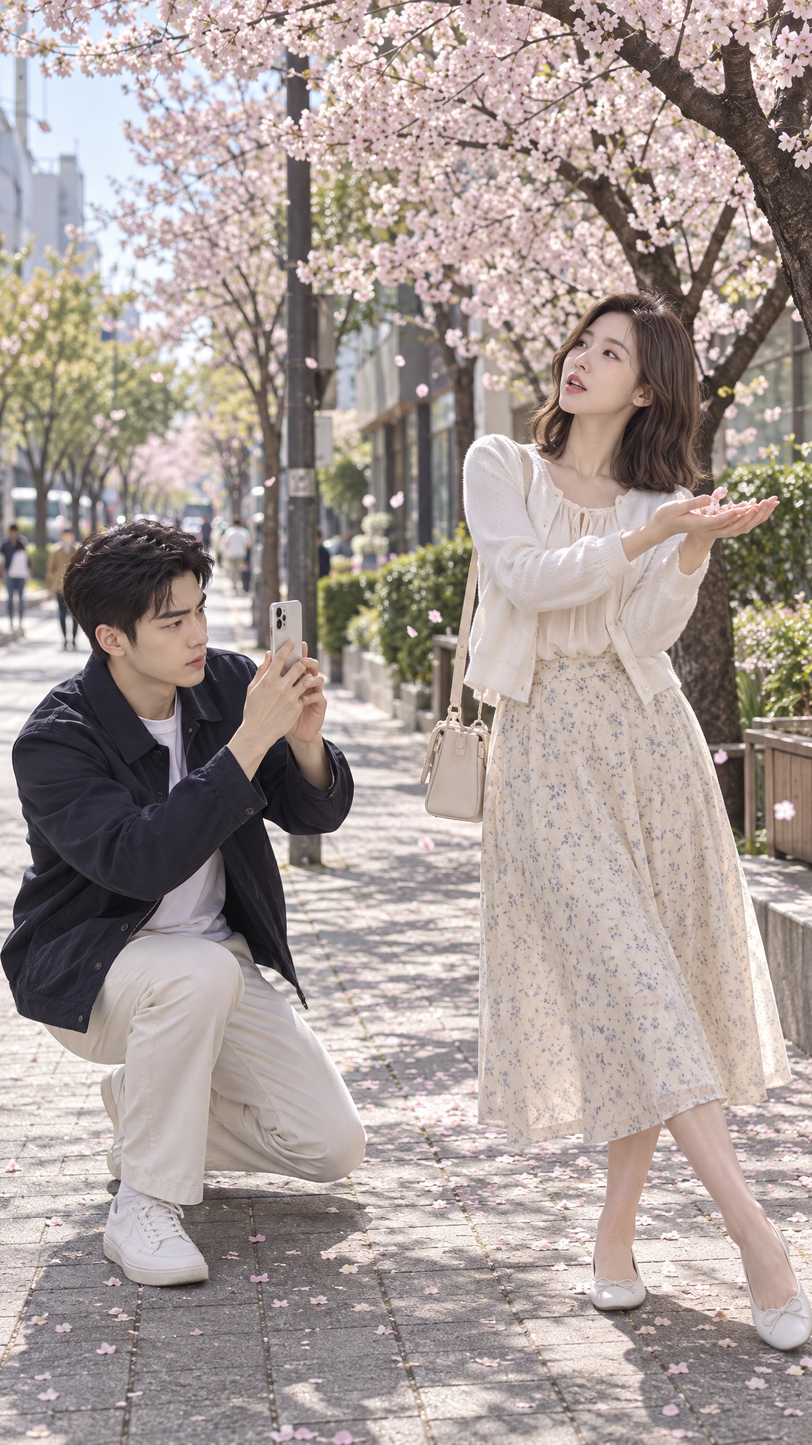 인생샷 찍는 순간, 남친 어깨에 꽃잎이 쌓이는 중