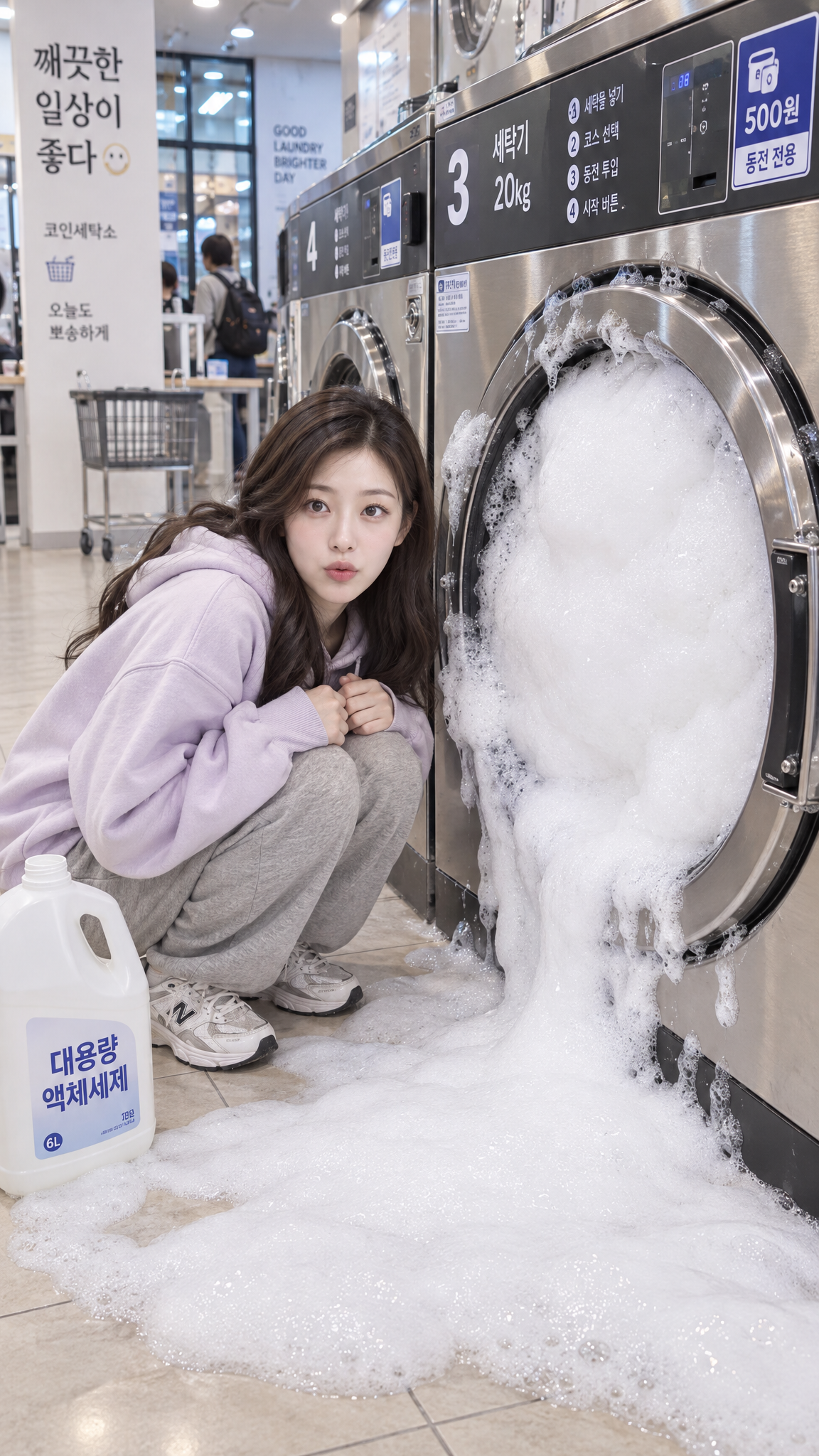 거품이 멈추지 않는 코인 빨래방 세탁기