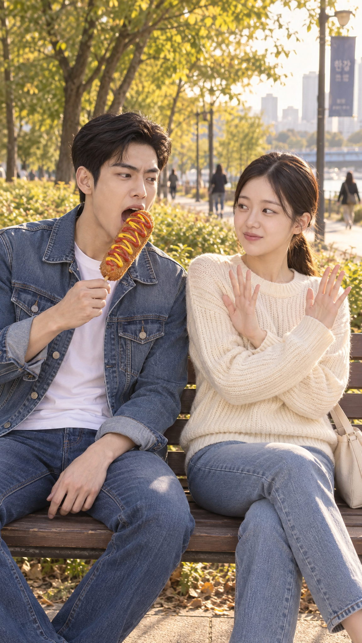 벤치에서 핫도그 주인이 바뀌는 중인 커플