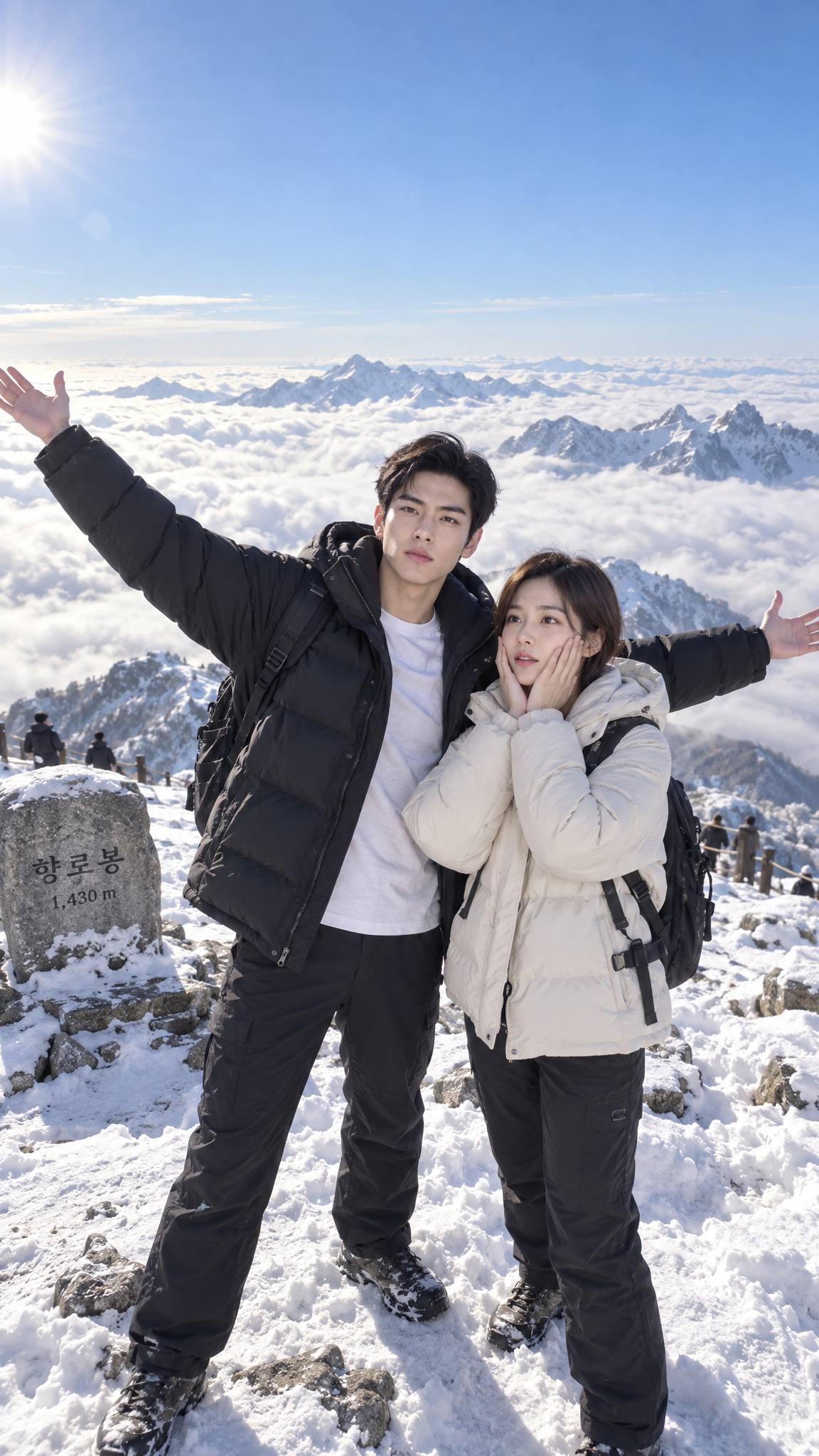 A couple who can't stop marveling at the snowy summit