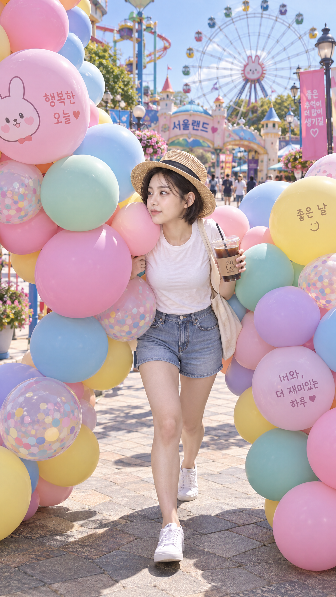 풍선 아치에 파묻혀 밀려나는 중인 여자