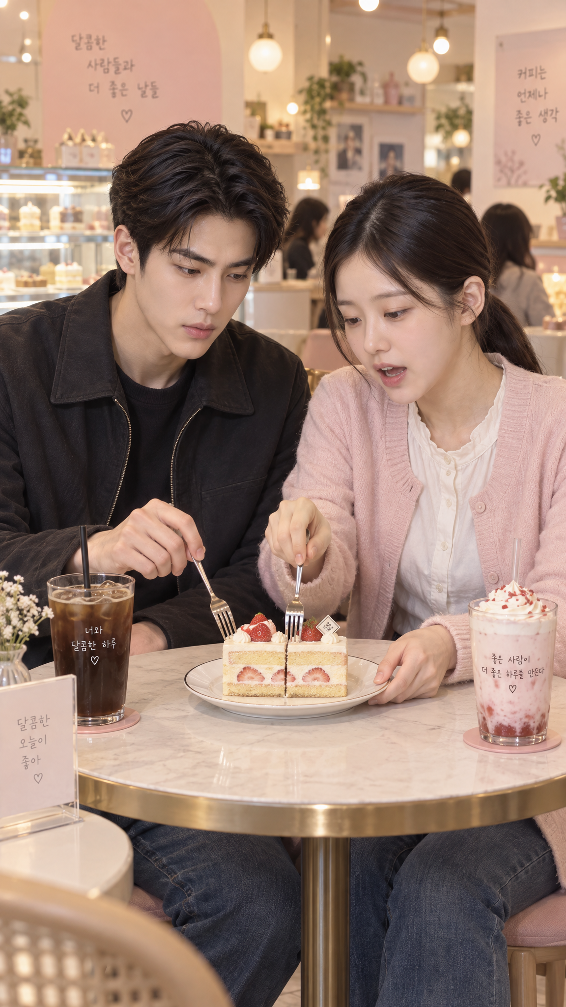 포크로 케이크 정중앙에 선 긋는 중인 여친