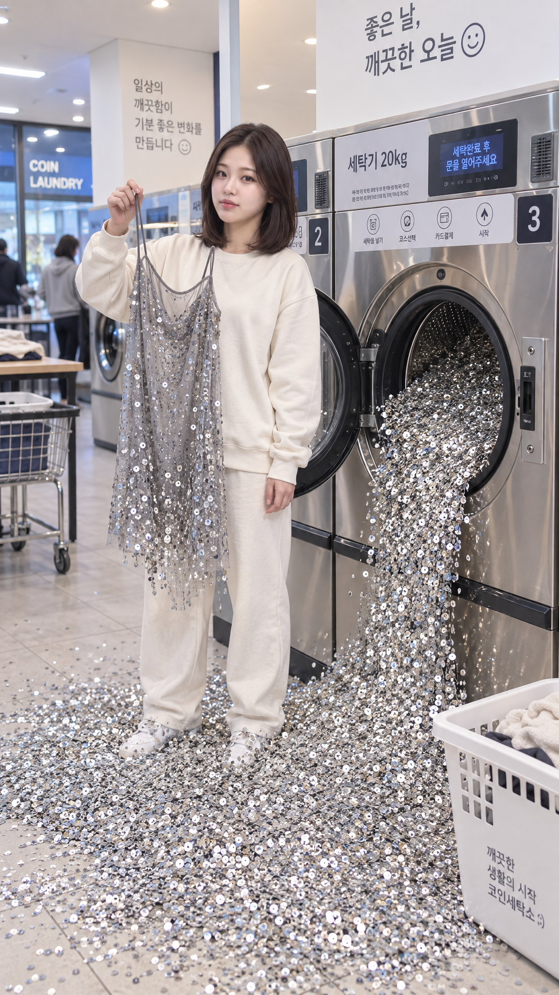The 3 seconds sequins pour out the moment she opens the washer