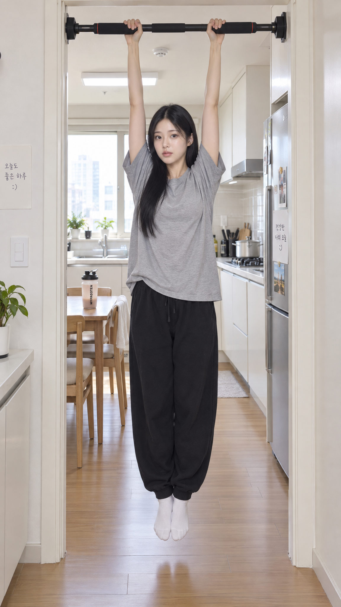 Still hanging from the doorframe pull-up bar to grow taller