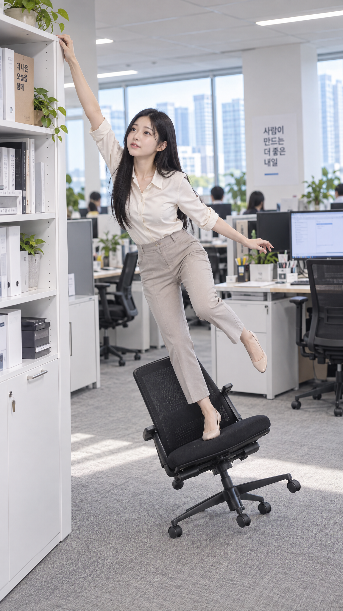 The moment a rolling chair slides out from under her