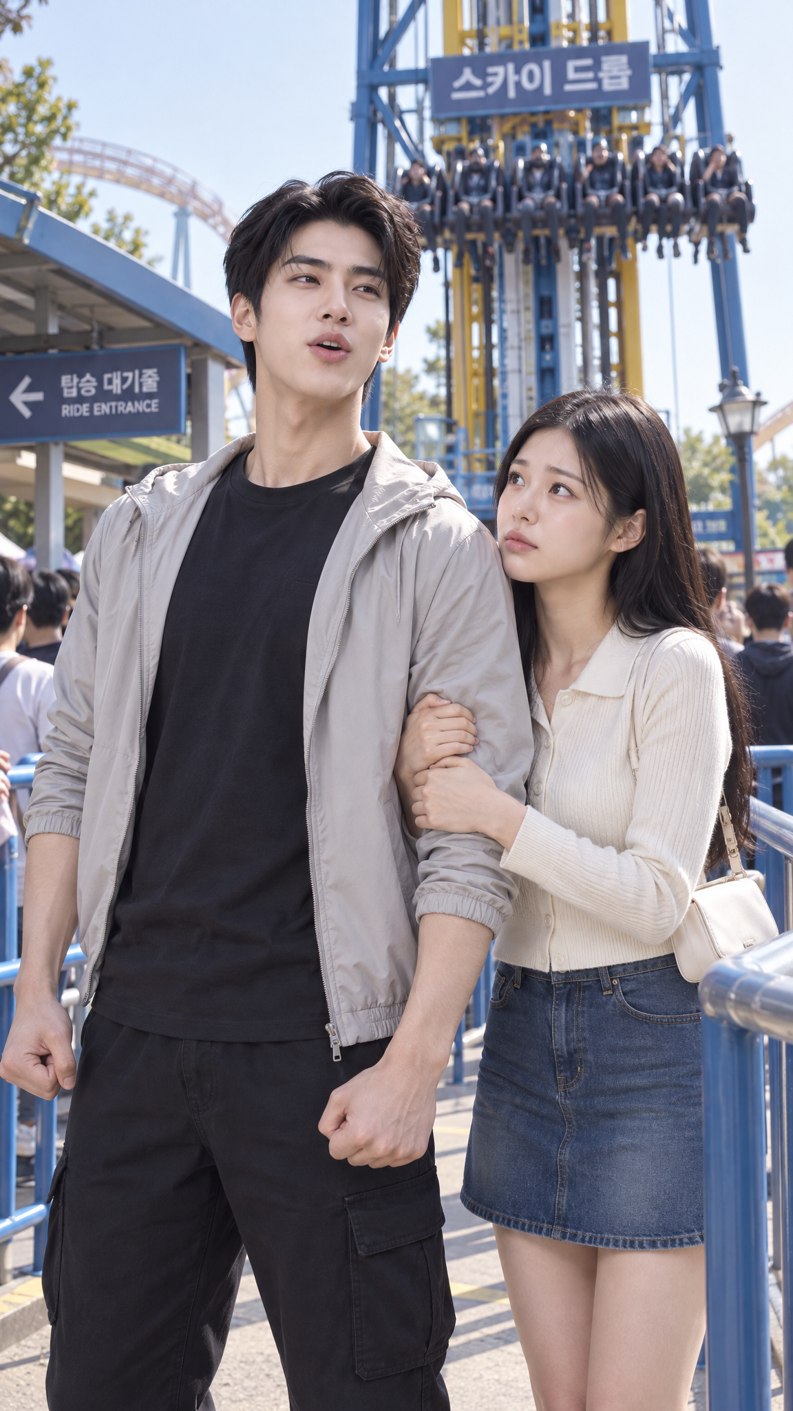 A boyfriend flexing at a thrill ride gate