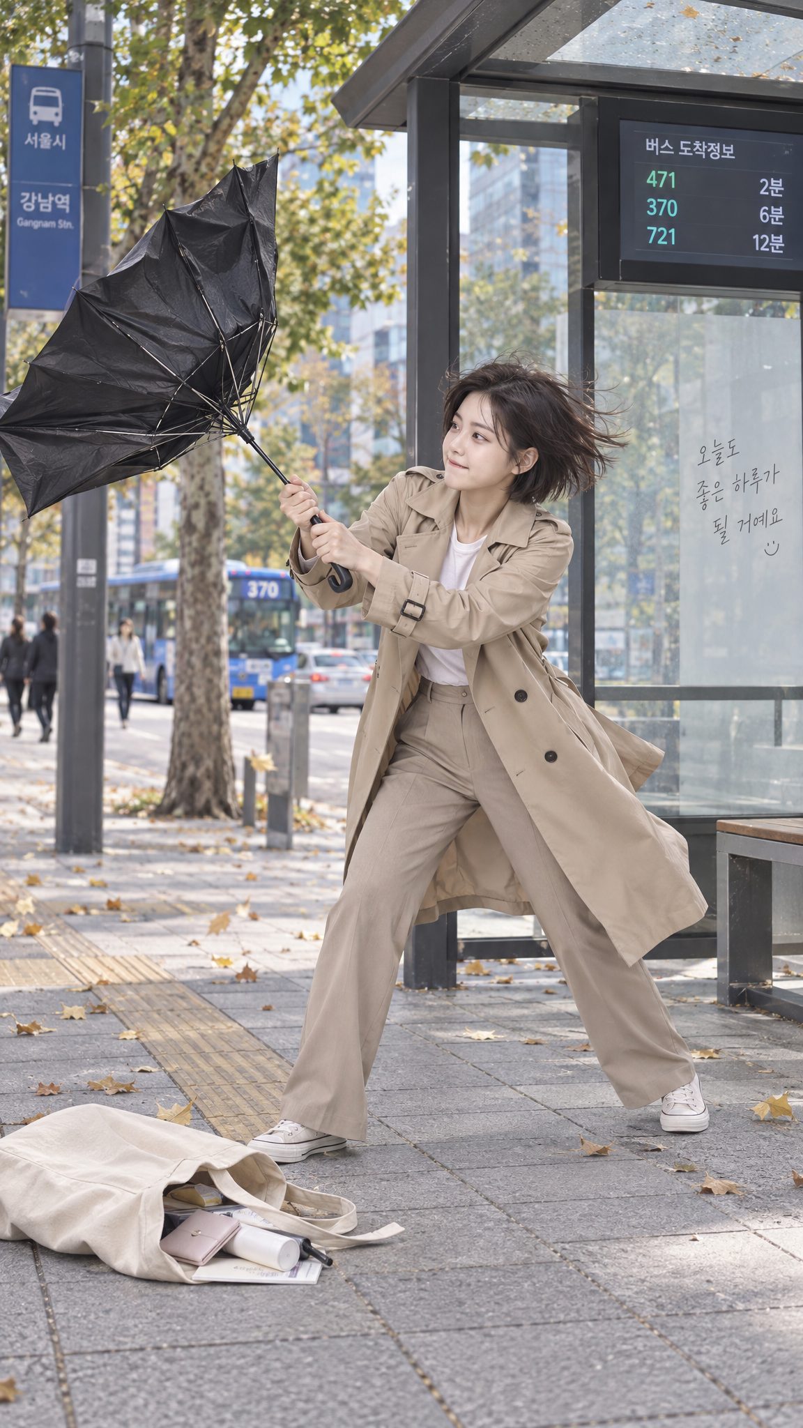 The moment her umbrella flips inside out at the bus stop