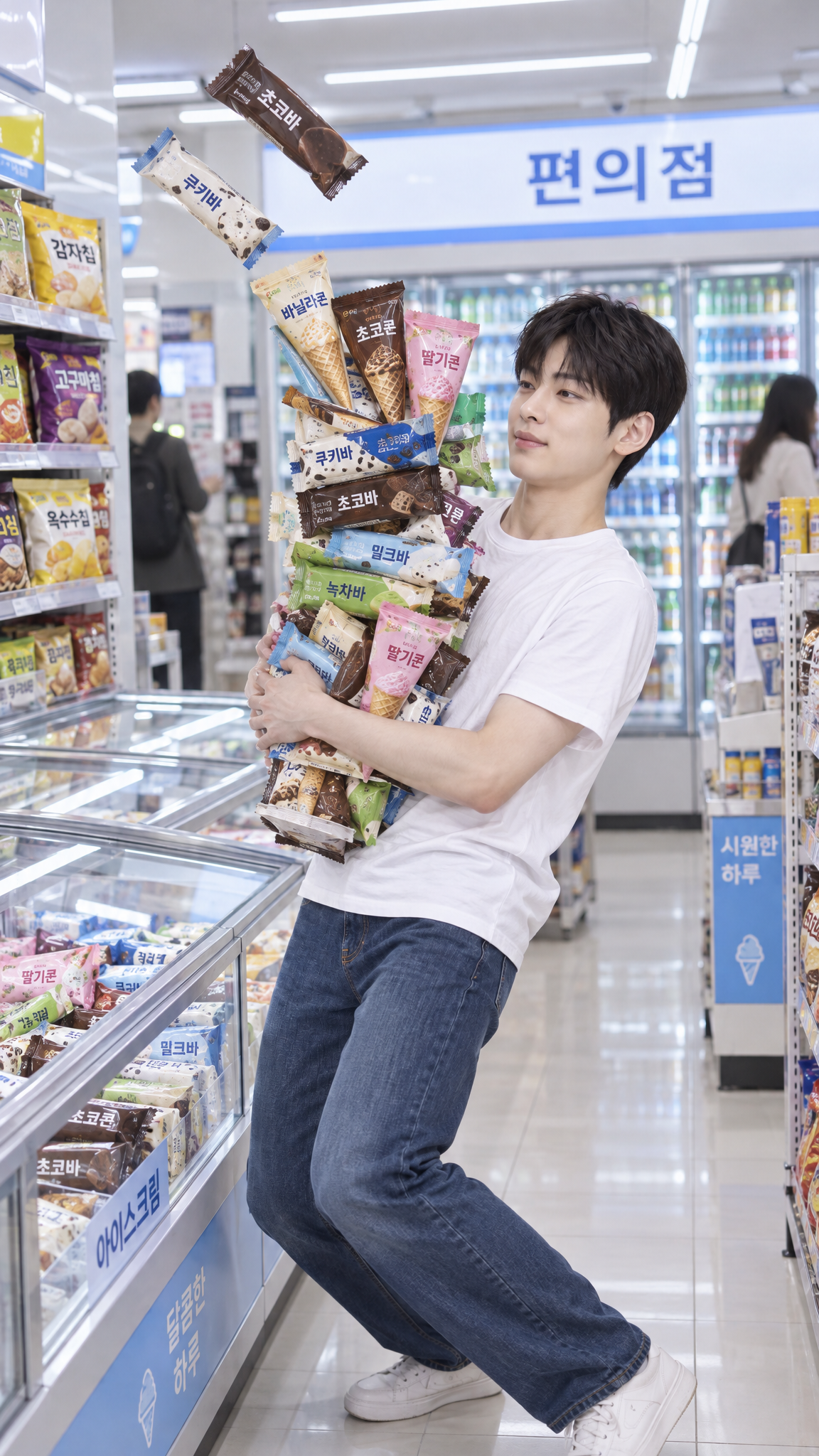 An ice cream tower that won't stop sliding out of his arms