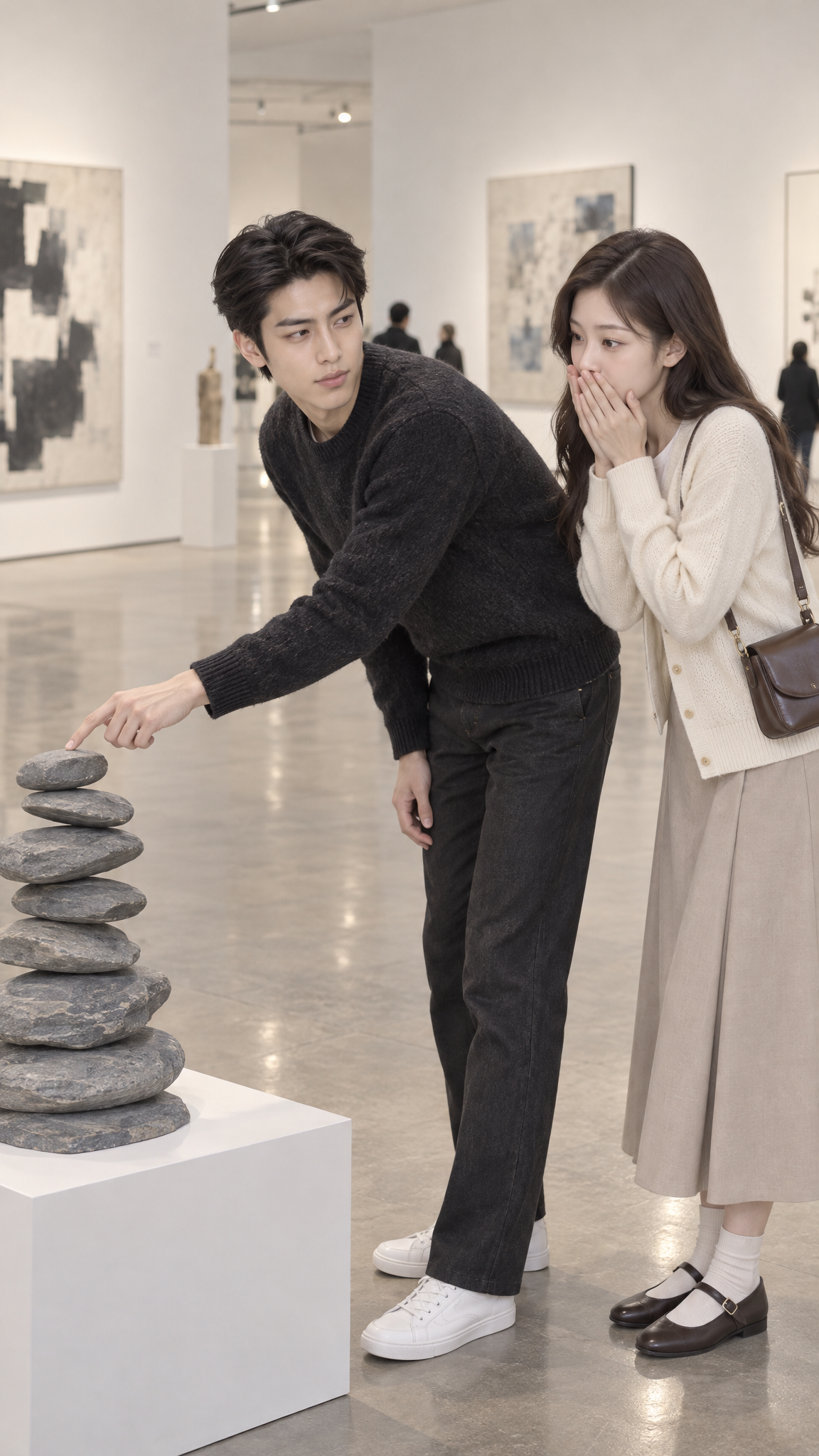 A stacked-stone artwork collapsing from one fingertip