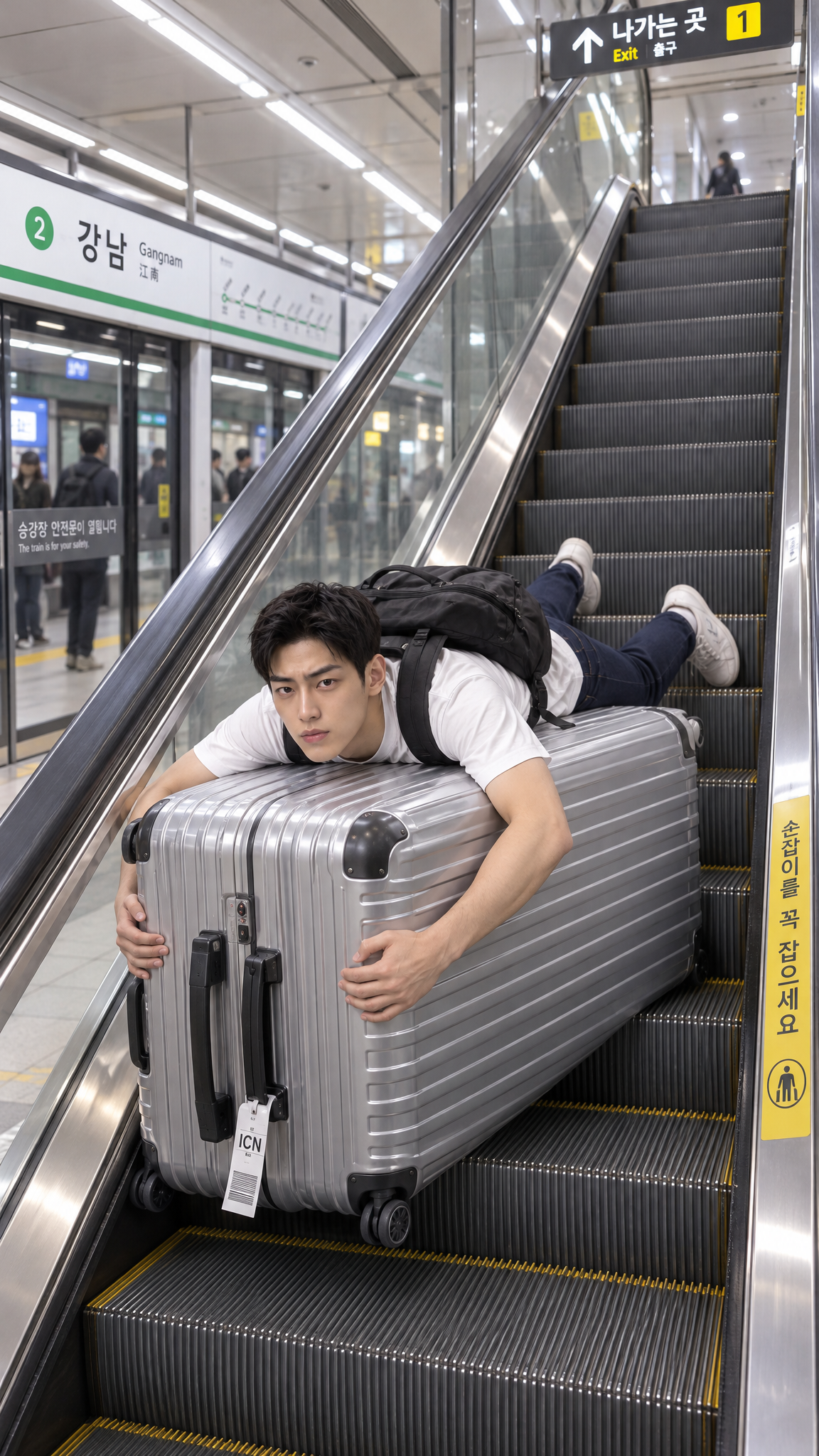 A man riding up sprawled on top of his suitcase