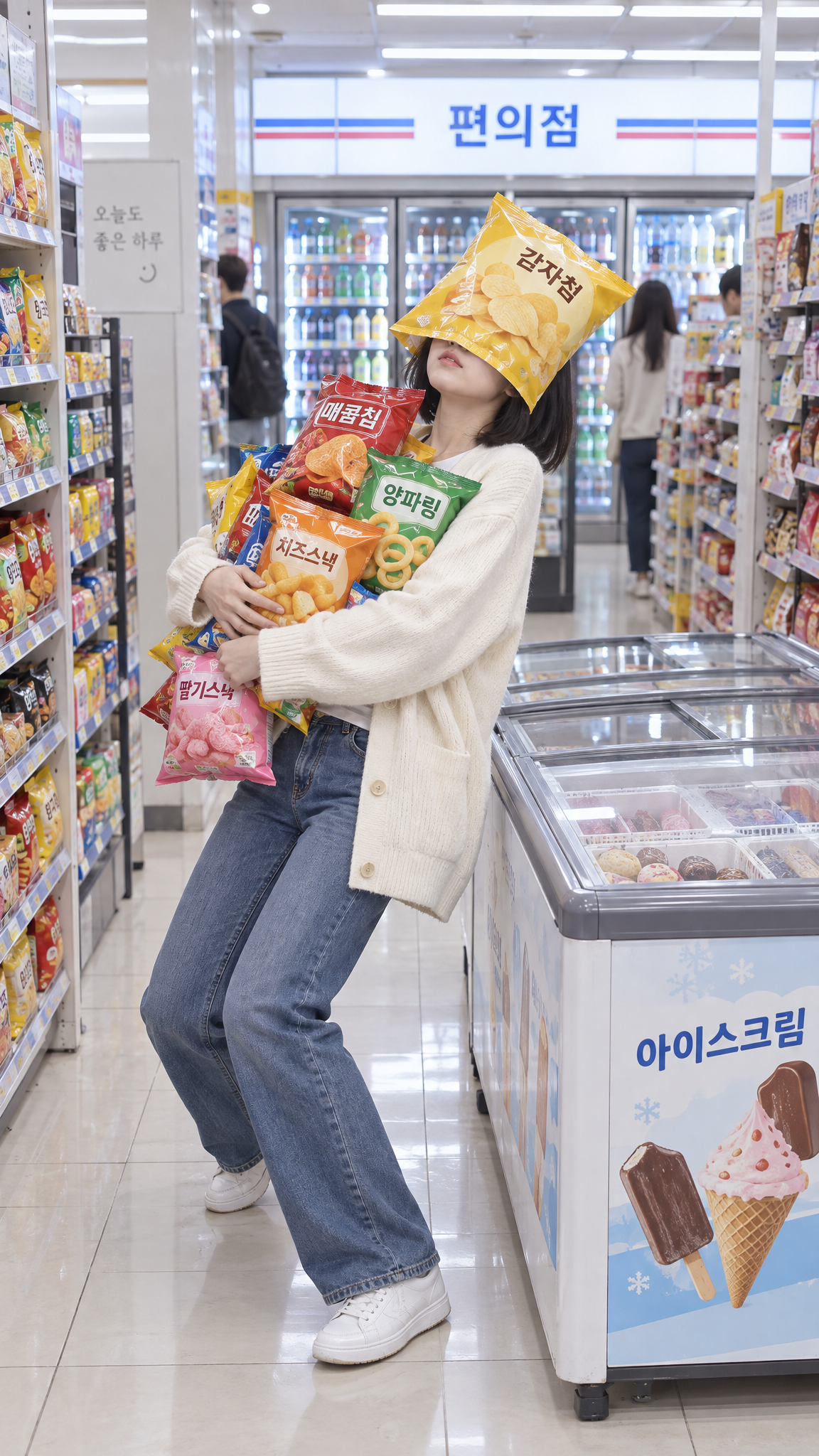 An armful of snacks toppling onto an ice cream freezer